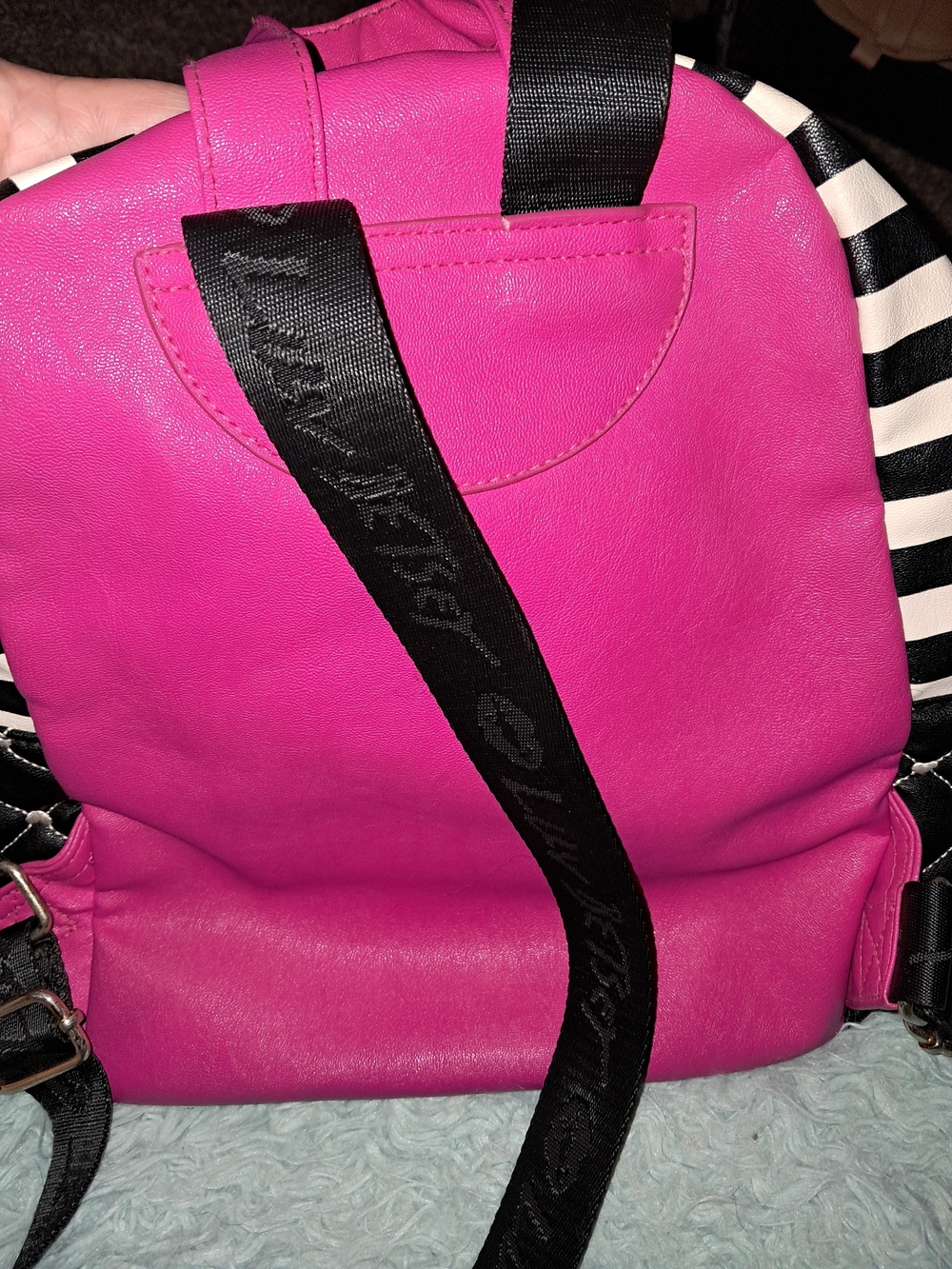 Betsey Johnson Pink Quilted Mini Backpack with Black Trim and Hot Pink Accents - Picture 3 of 4
